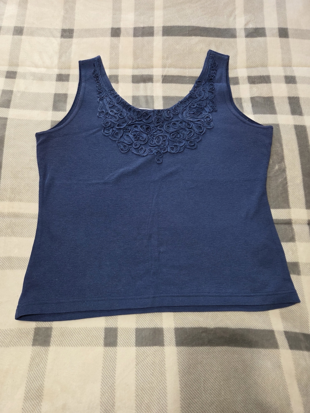 Women's Navy Embroidered Scoop Neck Tank Top